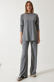 Gri Fitilli Örme Bluz Pantolon Takım KH00088