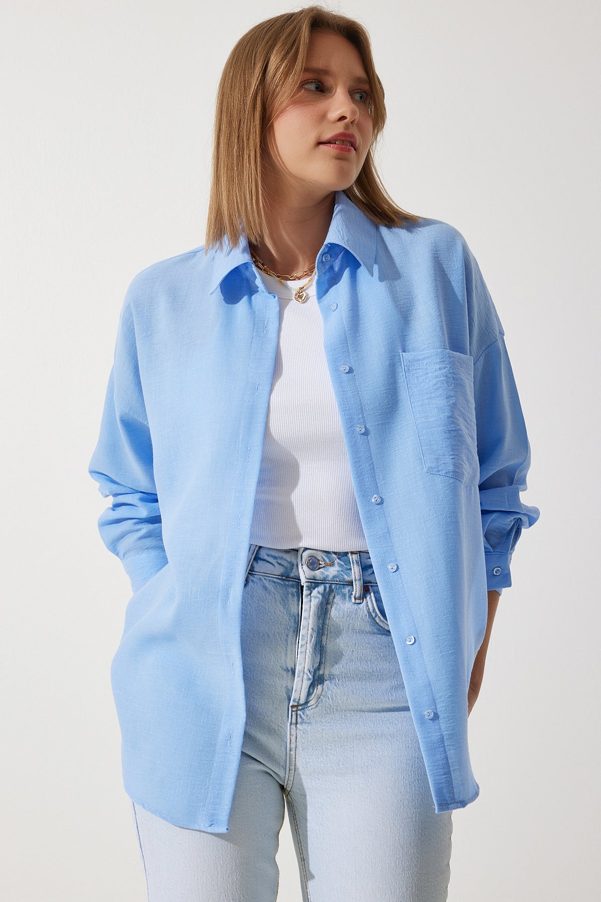 Gök Mavi Oversize Keten Ayrobin Gömlek DD01222