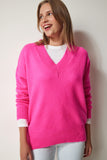 Fuşya V Yaka Oversize Triko Kazak  BV00003