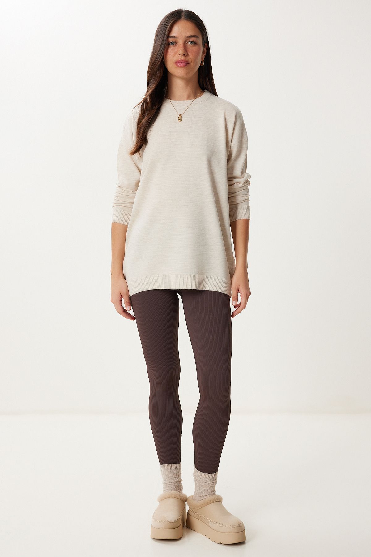 Bej Bisiklet Yaka Basic Kazak BV00077