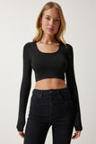 Siyah U Yaka Fitilli Crop Triko Bluz PF00068