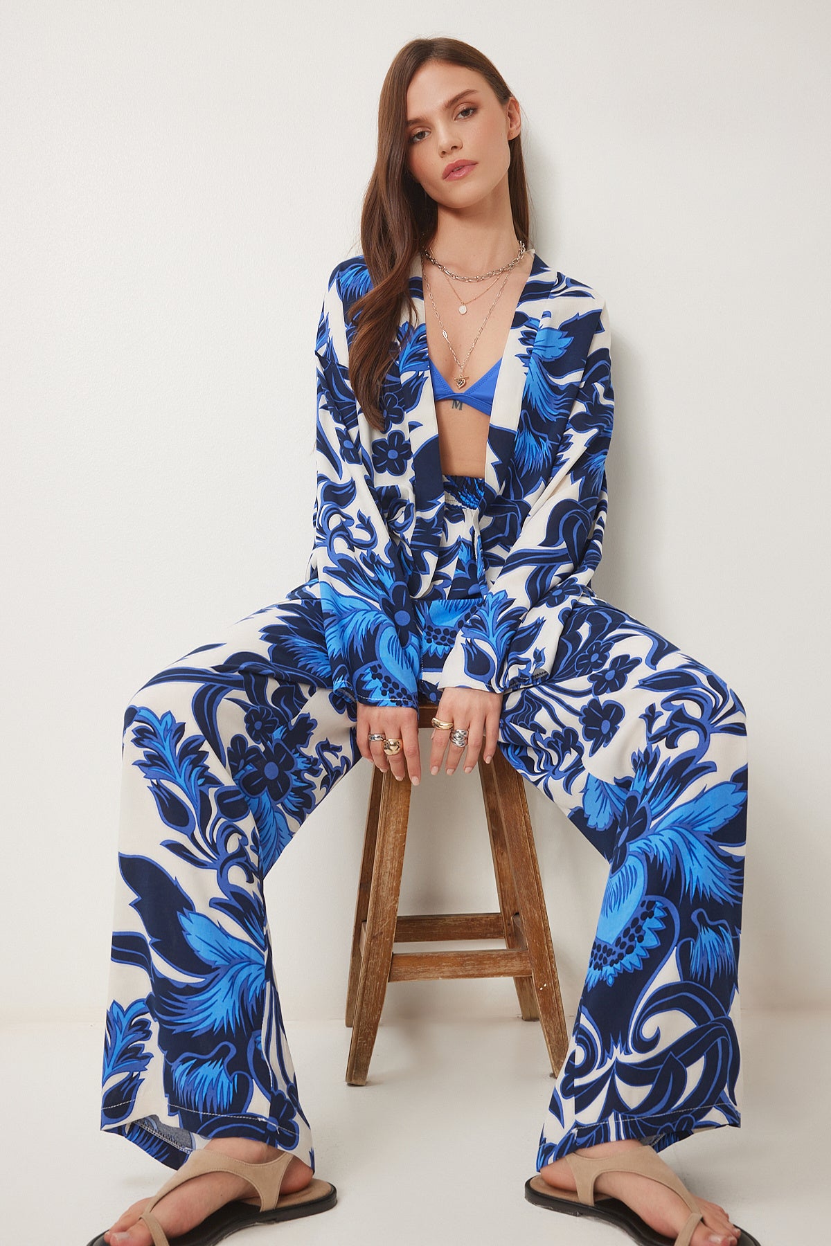 Mavi Kemik Desenli Viskon Kimono Pantolon Takım JE00002