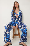 Mavi Kemik Desenli Viskon Kimono Pantolon Takım JE00002