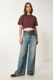 Kahverengi Pamuklu Crop Örme T-Shirt CR00443