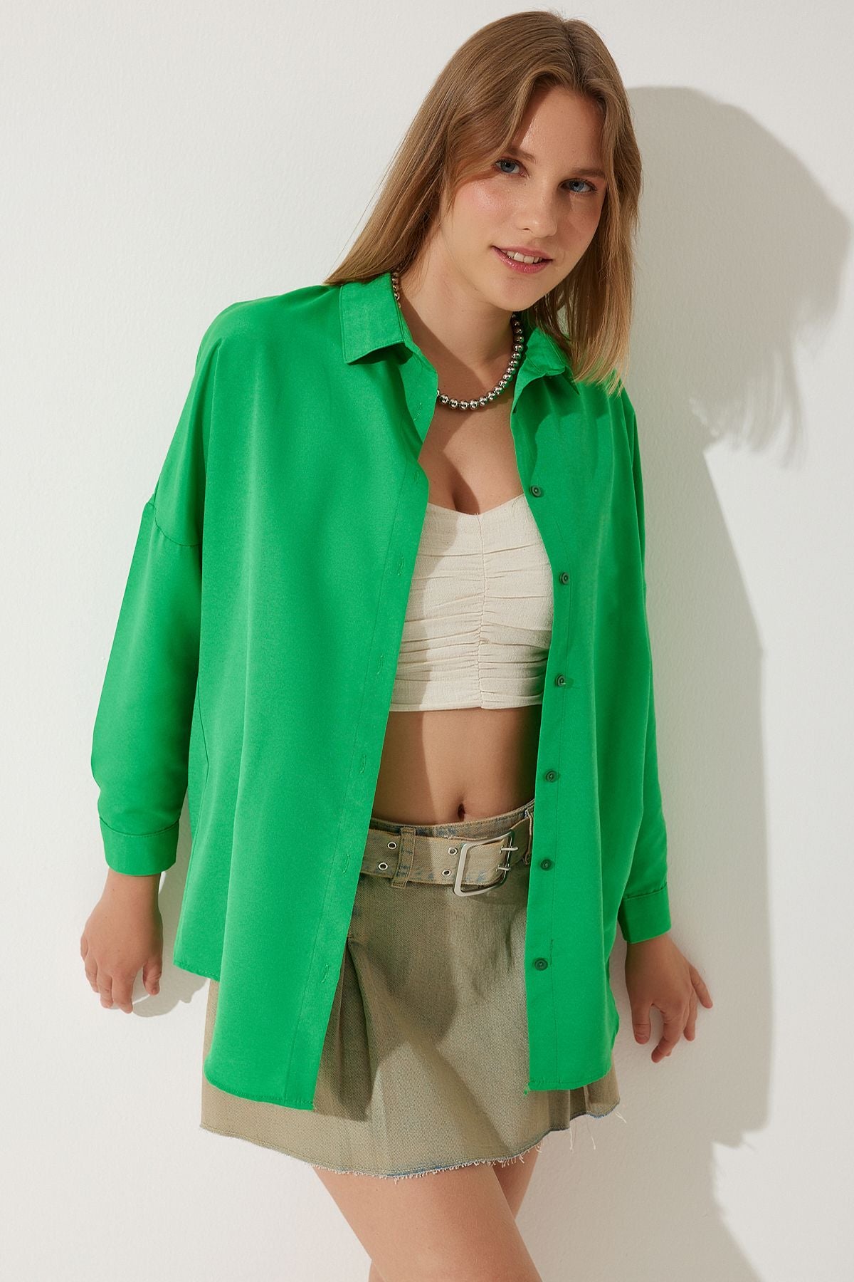 Koyu Yeşil Oversize Uzun Basic Gömlek  DD00842