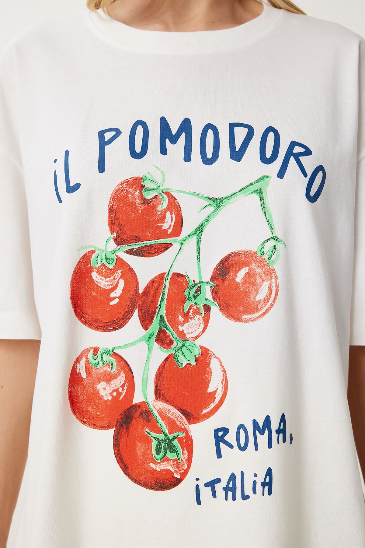 Ekru Baskılı Pamuklu Oversize Örme T-Shirt YY00237