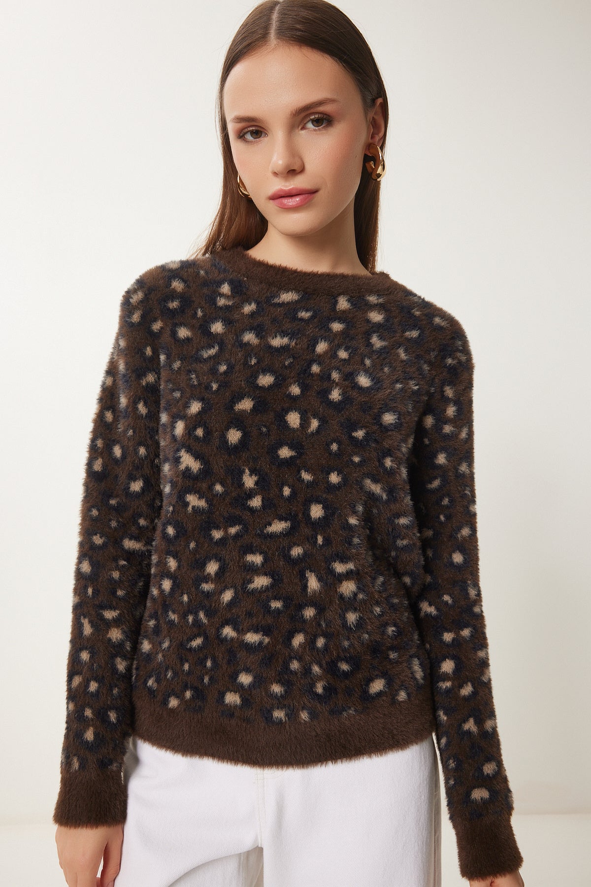 Kahverengi Siyah Leopar Desenli Sakallı Triko Kazak PF00106