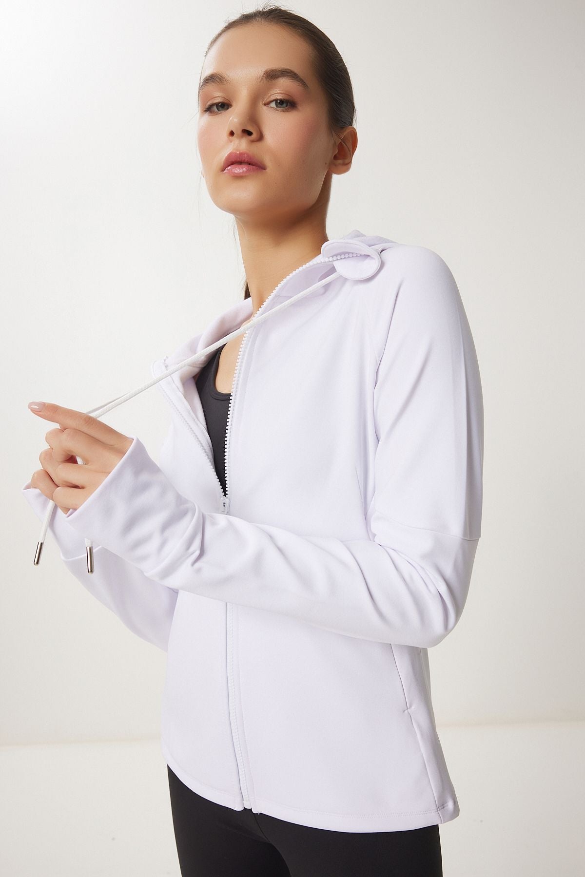 Beyaz Parmak Detaylı Kapüşonlu Fermuarlı Örme Sweatshirt VX00007