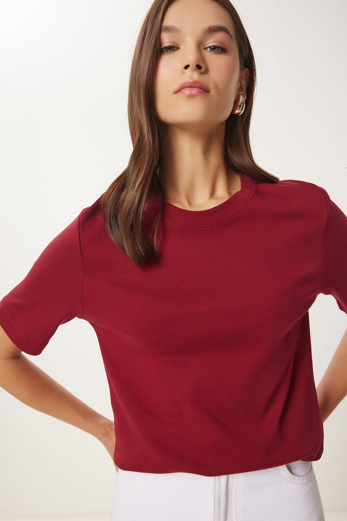 Bordo Pamuklu Basic Örme T-Shirt AG00001