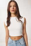Ekru Taşlı Fitilli Crop Bluz KH00099