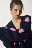 Lacivert Çilek Motifli Oversize Triko Hırka PF00008