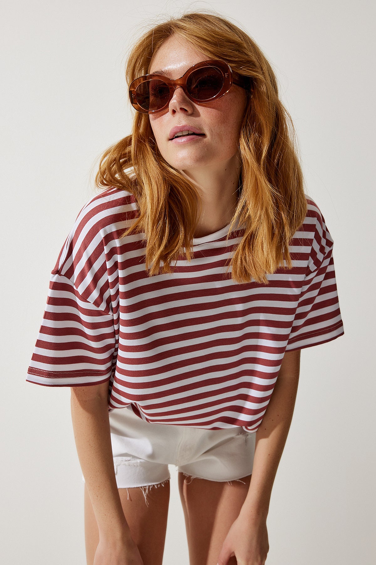 Gül Kurusu Bisiklet Yaka Çizgili Oversize Örme T-Shirt EN00609