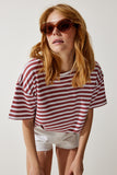 Gül Kurusu Bisiklet Yaka Çizgili Oversize Örme T-Shirt EN00609