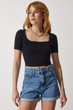 Siyah Kare Yaka Crop Örme T-Shirt AN00170