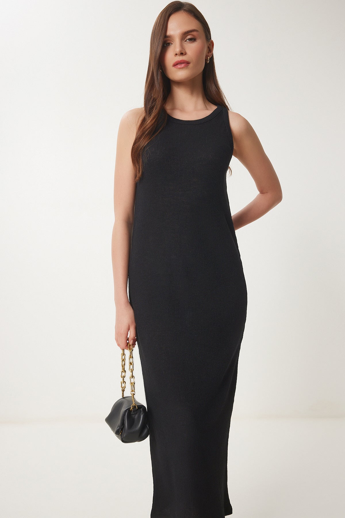 Siyah Basic Fitilli Midi Örme Elbise WO00049