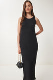 Siyah Basic Fitilli Midi Örme Elbise WO00049