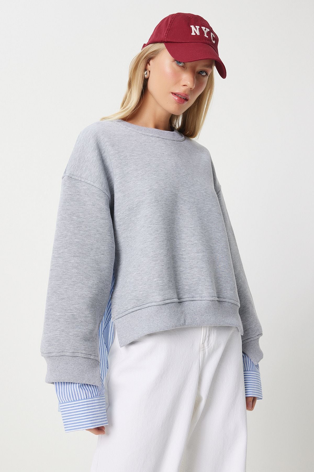 Gri Mavi Oversize Gömlekli Sweatshirt DP00214