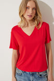 Kırmızı V Yaka Basic Viskon Örme T-Shirt EN00613