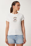 Ekru Ayıcık Baskılı Pamuklu Örme T-Shirt UB00404