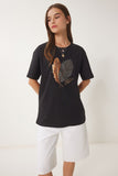 Siyah Taş Detaylı Baskılı Örme T-Shirt BW00004
