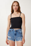 Siyah Beyaz 2’Li Paket Askılı Esnek Crop Örme Bluz WF00157