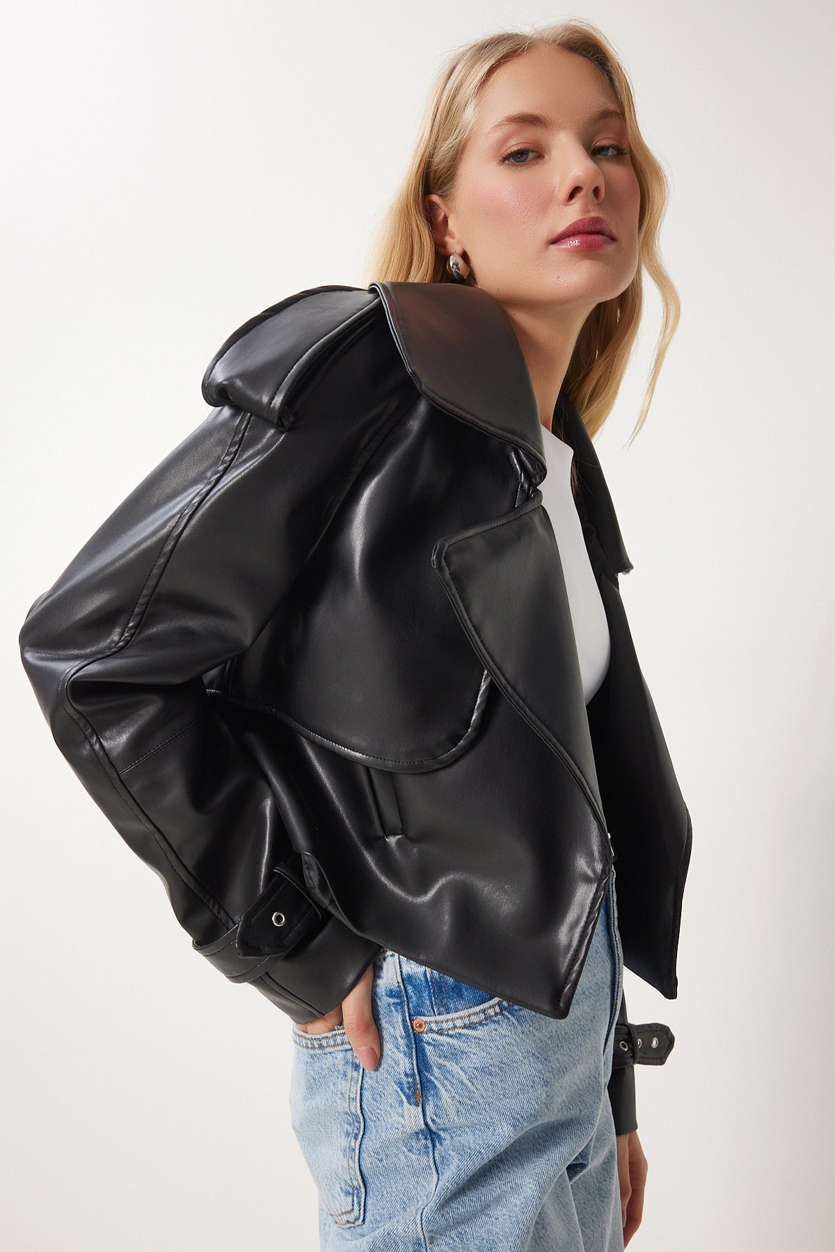 Siyah Oversize Suni Deri Ceket OH00059