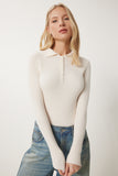 Krem Polo Yaka Fitilli Triko Kazak US00954