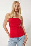 Kırmızı Büzgülü Straplez Örme Bluz UB00343
