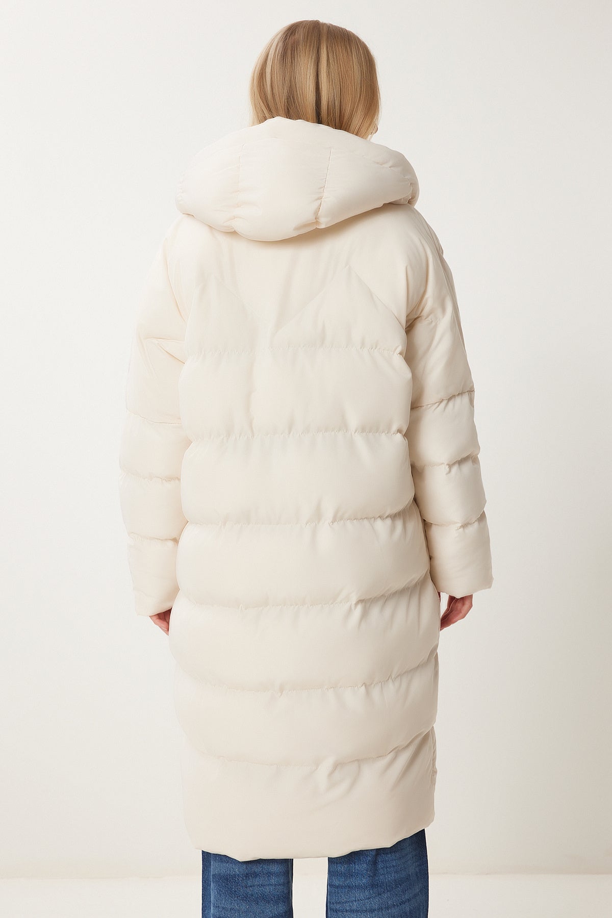 Kemik Kapüşonlu Oversize Uzun Şişme Kaban NT00428