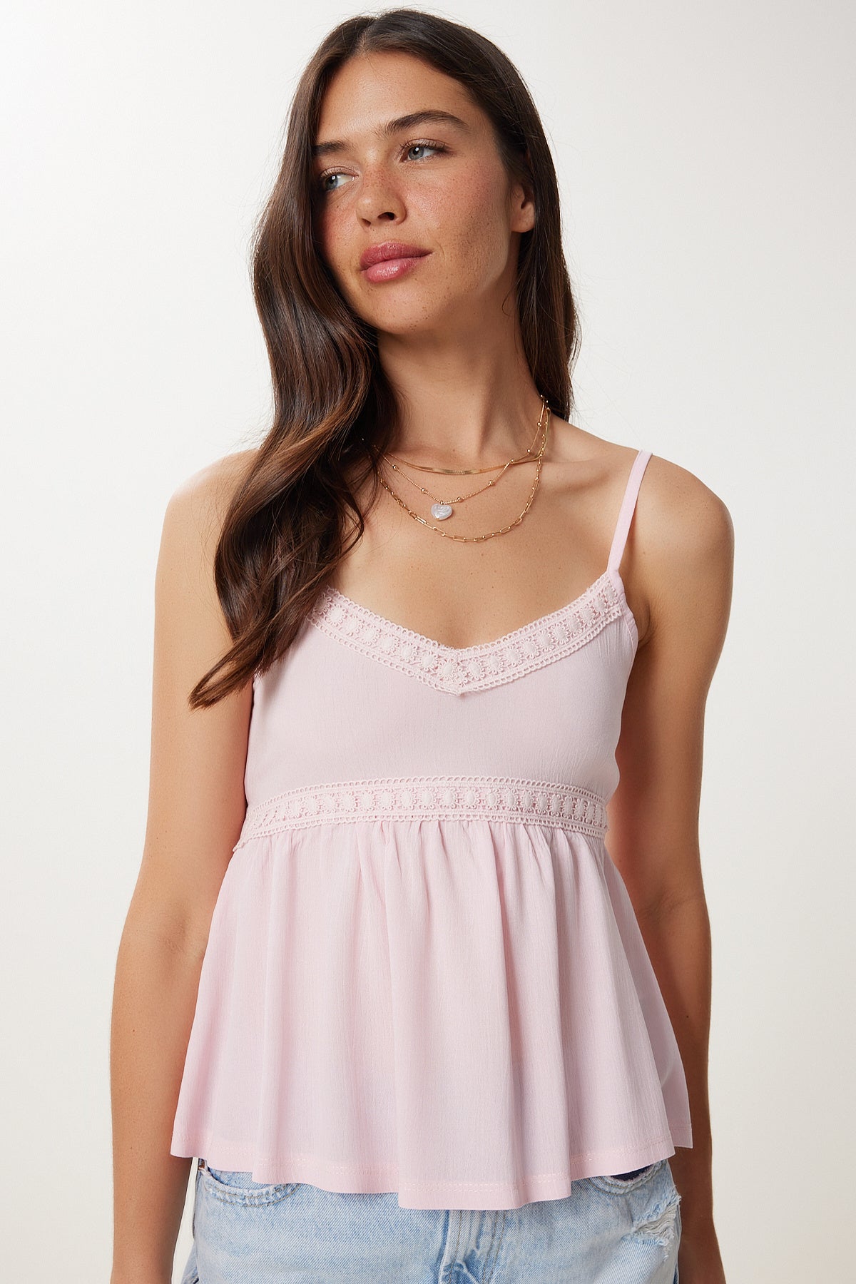 Şeker Pembe Güpür Detaylı Askılı Dokuma Bluz HF00484