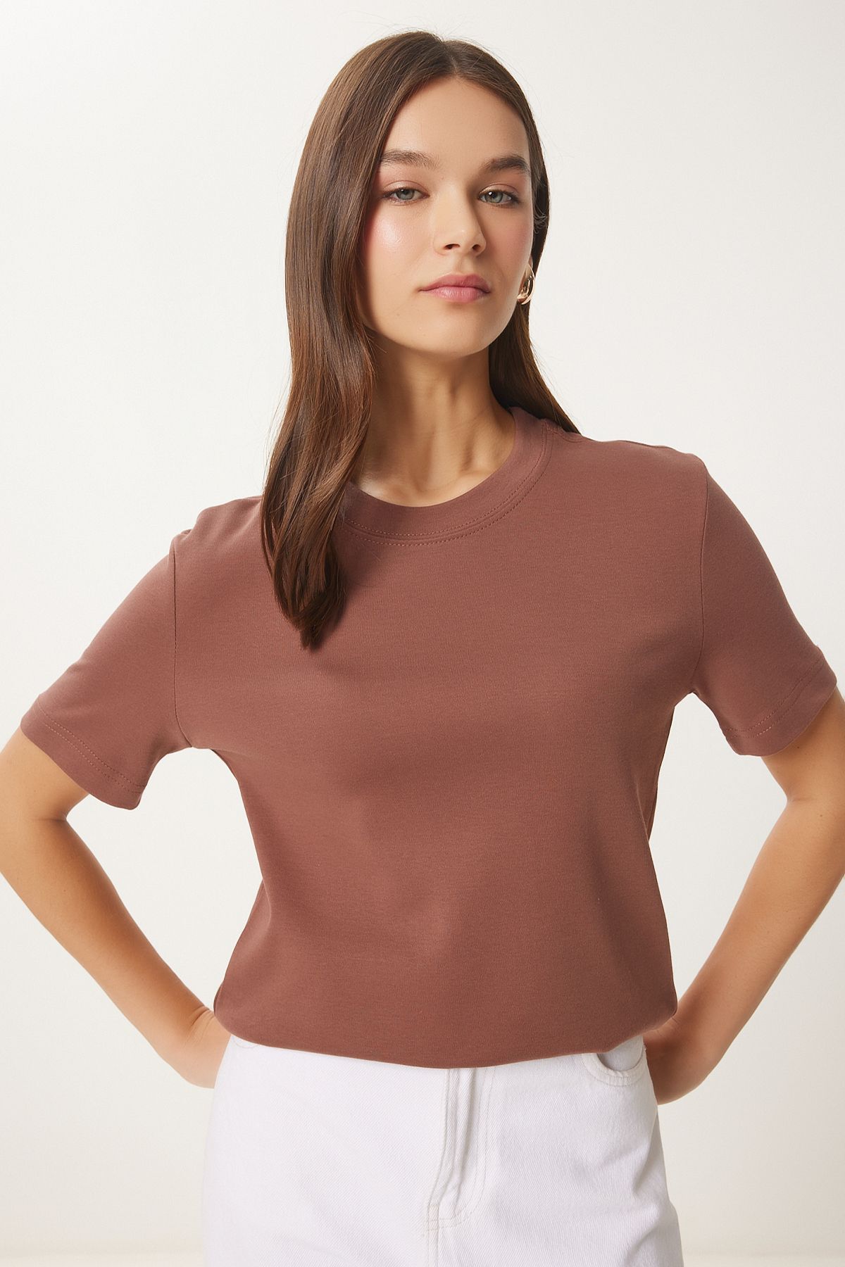 Bordo Kahverengi 2'Li Paket Pamuklu Basic Örme T-Shirt AG00002