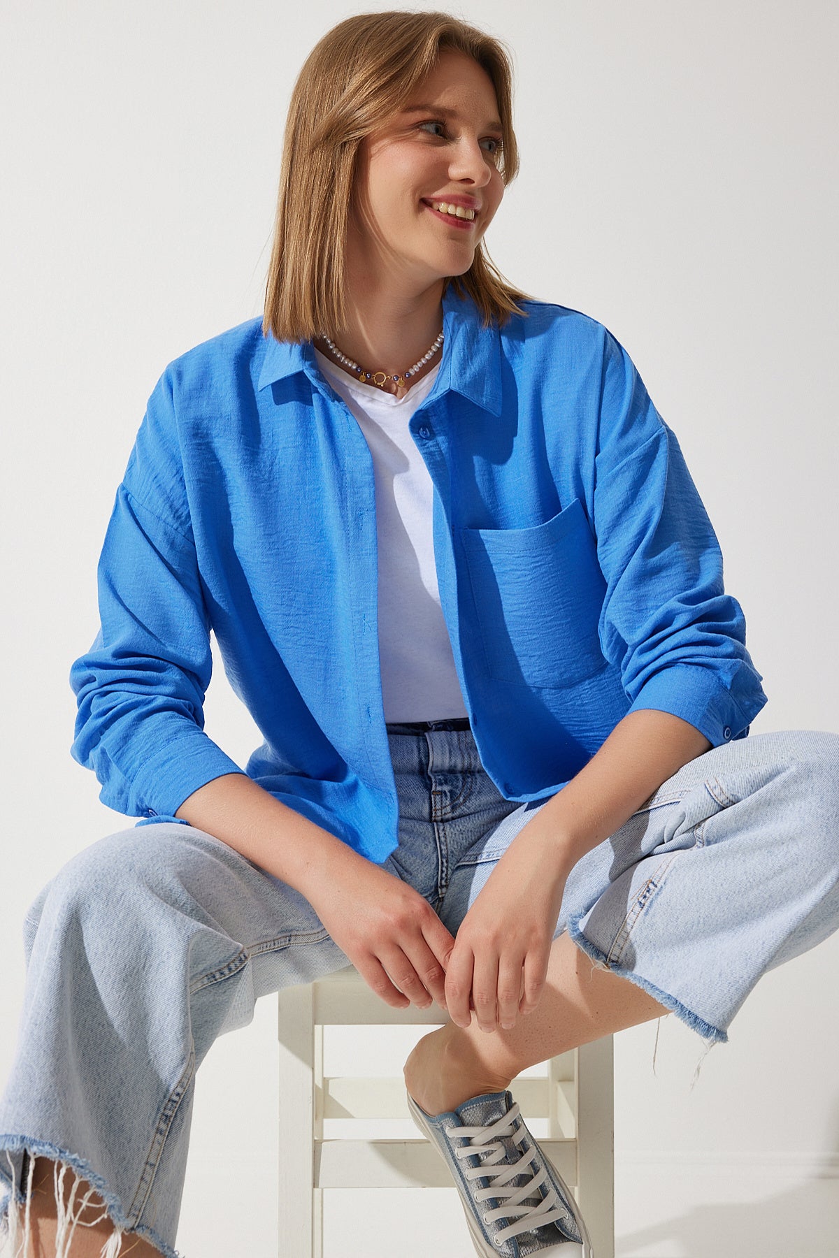 Mavi Oversize Keten Ayrobin Gömlek DD01222