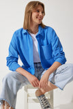 Mavi Oversize Keten Ayrobin Gömlek DD01222