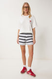 Ekru Baskılı Pamuklu Oversize Örme T-shirt CR00466