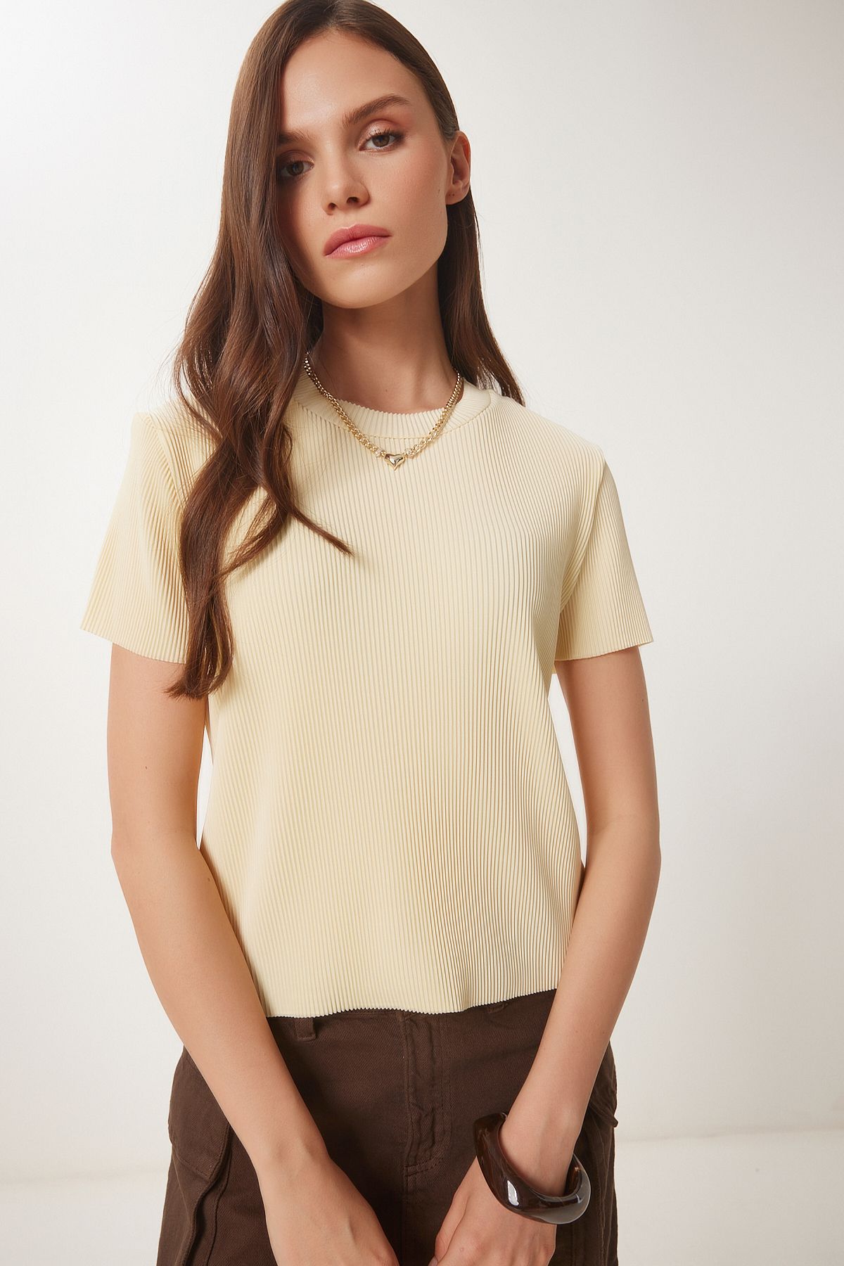 Sarı Basic Fitilli Örme Bluz HF00468