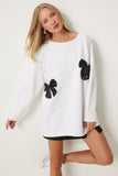 Beyaz Kurdele Taş Detaylı Örme Sweatshirt VN00011