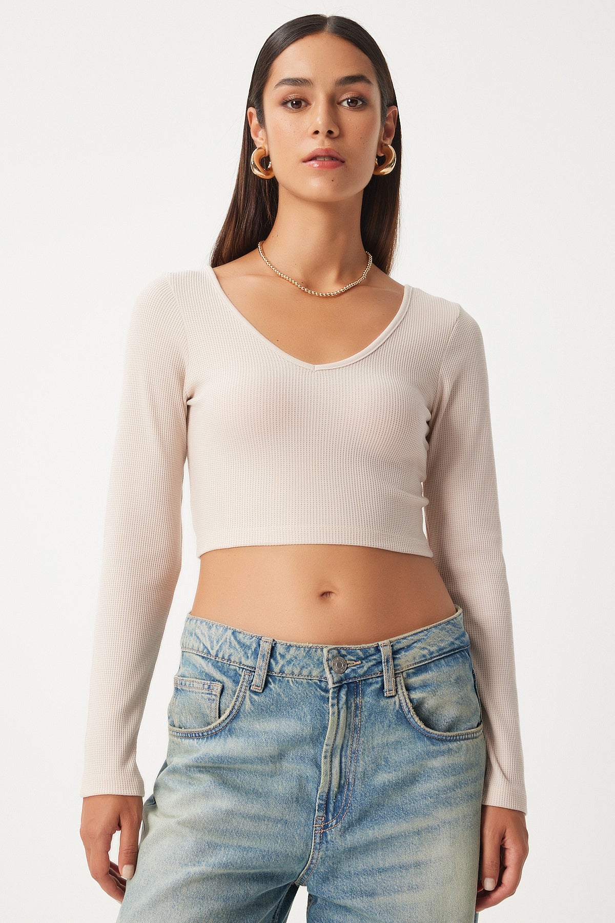 Bej V Yaka Crop Bluz UB00171
