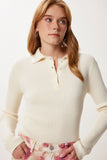 Krem Polo Yaka Fitilli Örme Triko Kazak PF00119