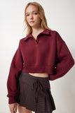 Bordo Polo Yaka Şardonlu Crop Örme Sweatshirt HW00014