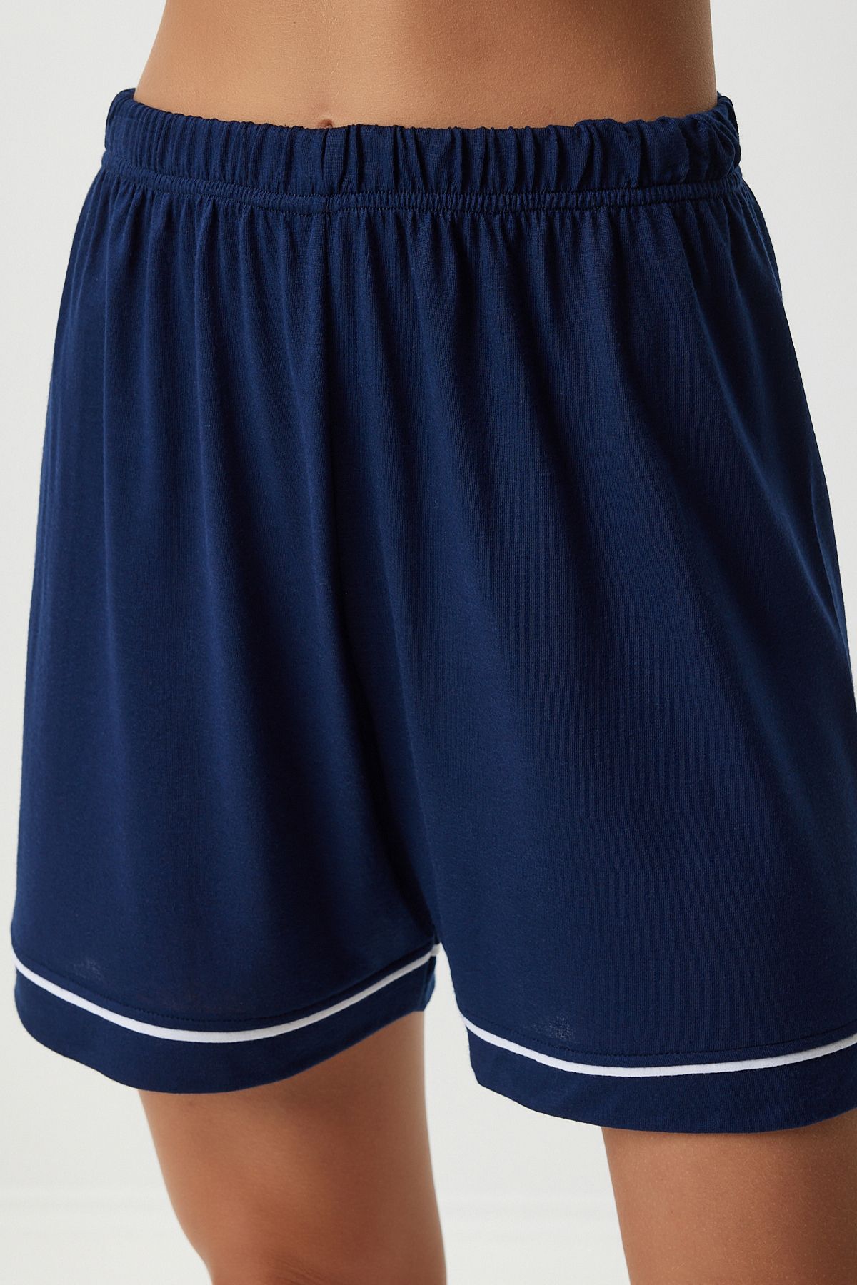 Lacivert Biye Detaylı Gömlek Şort Pijama Takımı EC00039