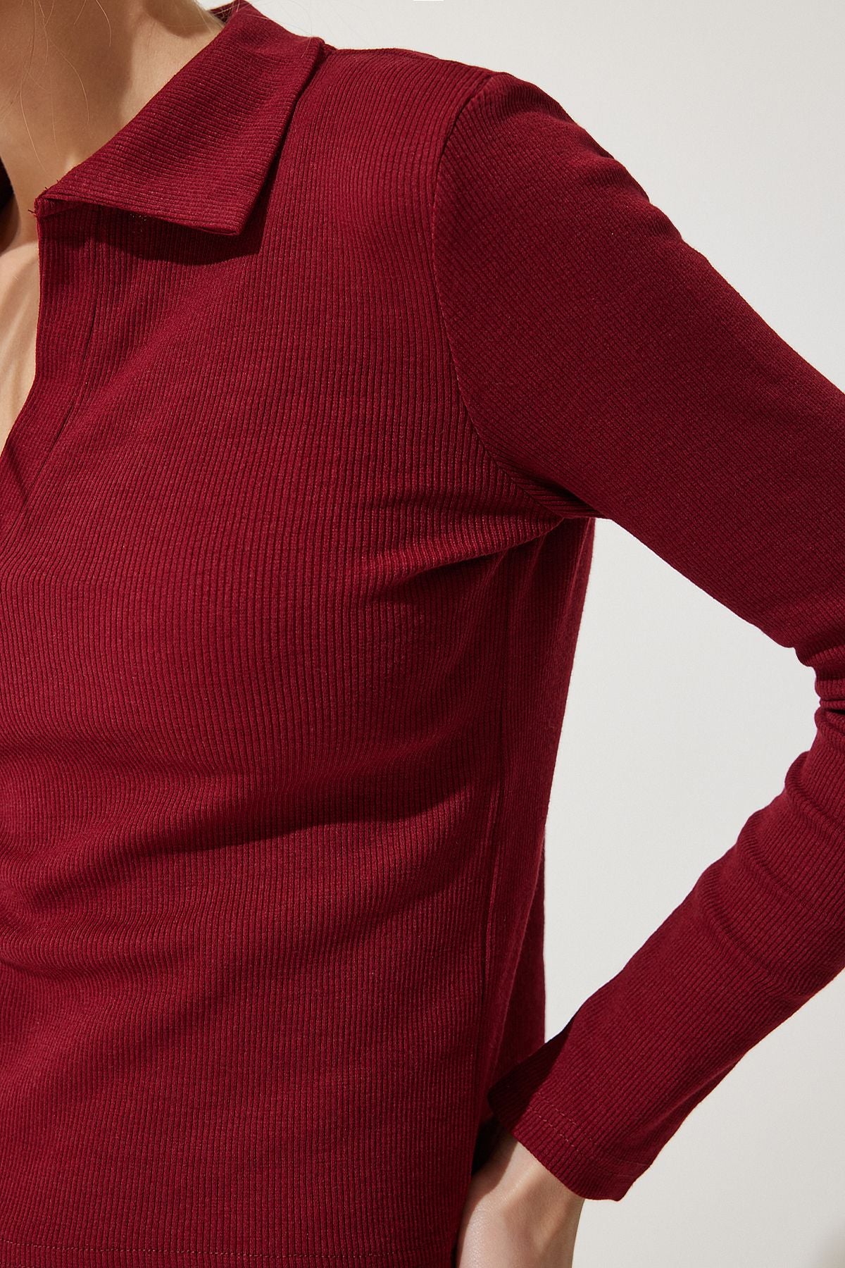 Bordo Polo Yaka Fitilli Örme Bluz GT00111