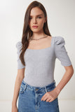 Gri Melanj Kare  Yaka Fitilli Crop Bluz GT00007