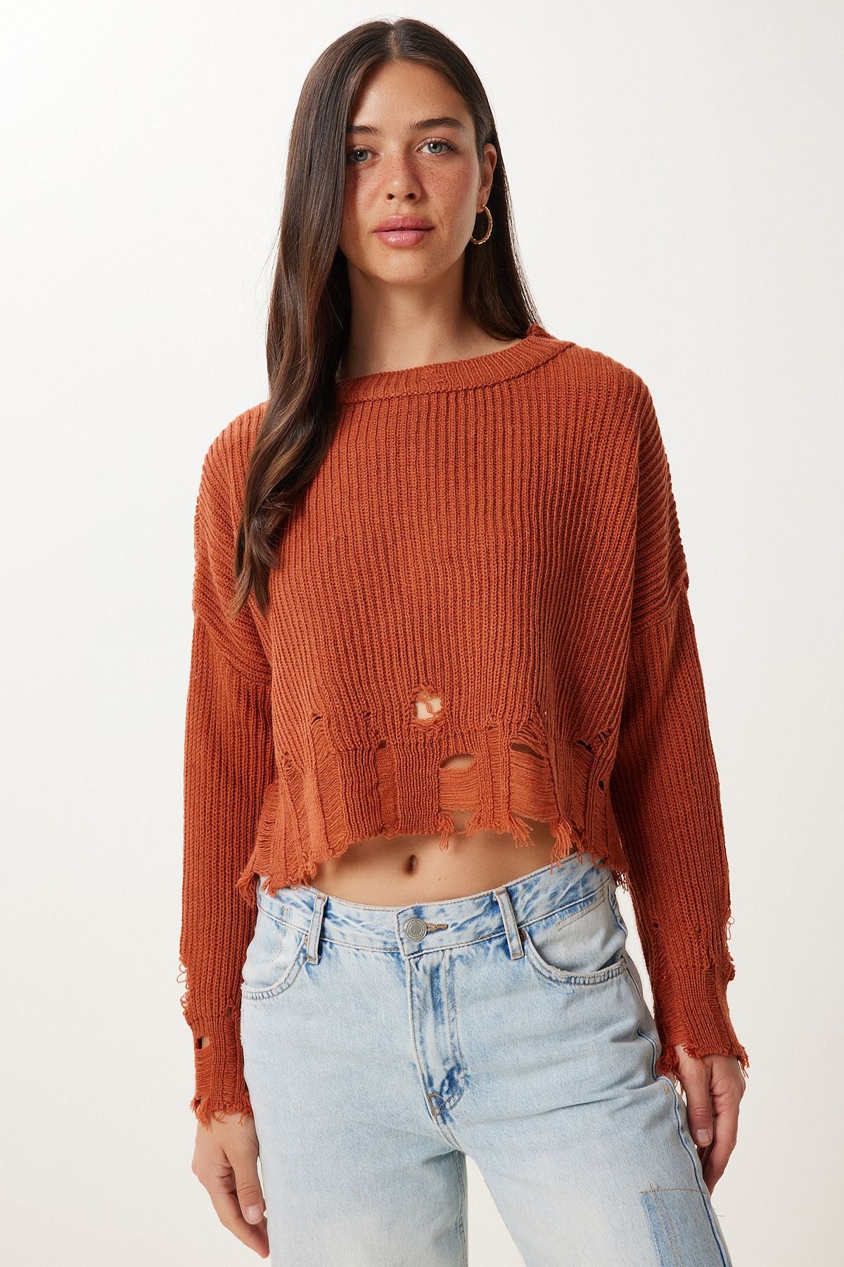 Tarçın Yırtık Detaylı Oversize Triko Kazak ki00098