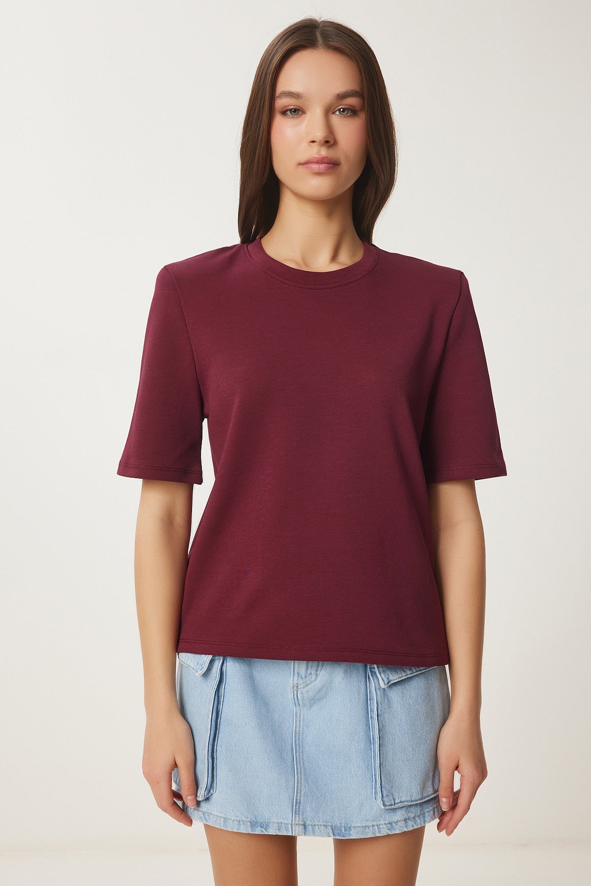 Bordo Vatkalı Pamuklu Örme T-Shirt DZ00121