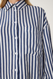 Lacivert Beyaz Çizgili Oversize Dokuma Gömlek DP00259