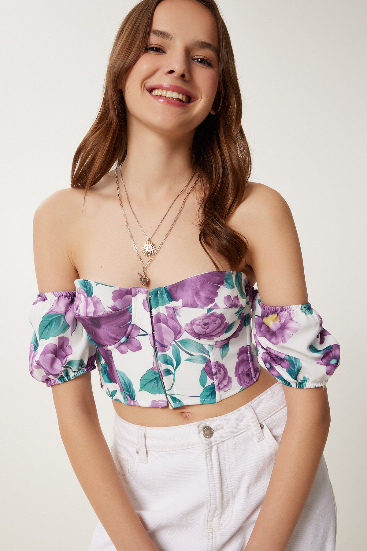 Mor Kemik Desenli Crop Viskon Bluz CR00510