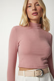 Gül Kurusu Dik Yaka Fitilli Kaşkorse Crop Bluz ub00165