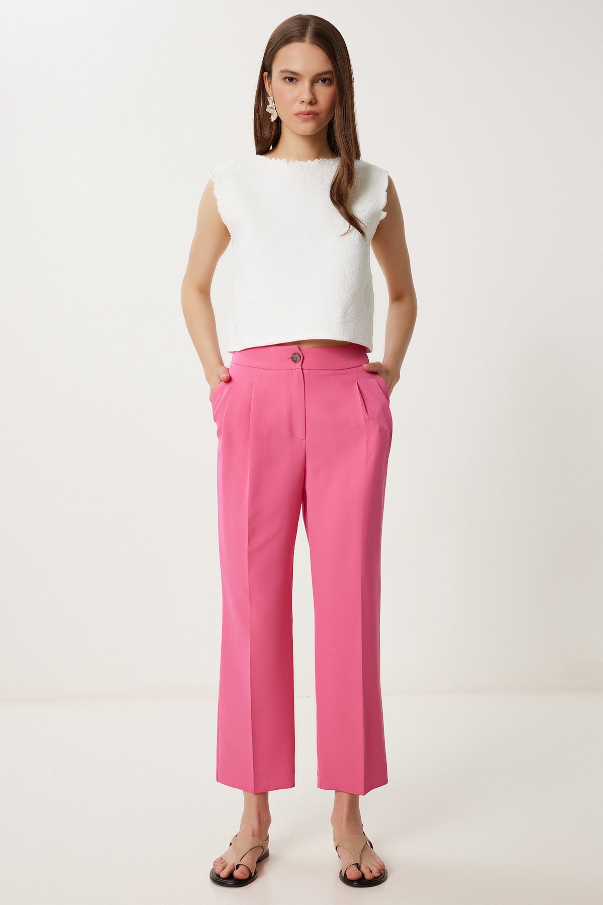 Pembe Yüksek Bel Pensli Dokuma Pantolon WF00121