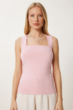 Pembe Kare Yaka Büzgülü Esnek Örme Bluz FW00014