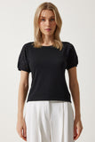 Siyah Güpür Kollu Pamuklu Basic Örme T-Shirt VF00001